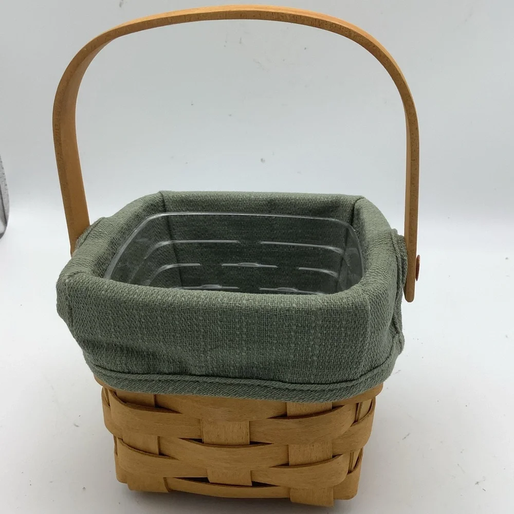2005 Longaberger Square Handled Basket with Green Fabric and Plastic Liners